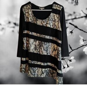 JM Collection Xl NWOT 3/4 sleeve block animal print woman's black and tan top